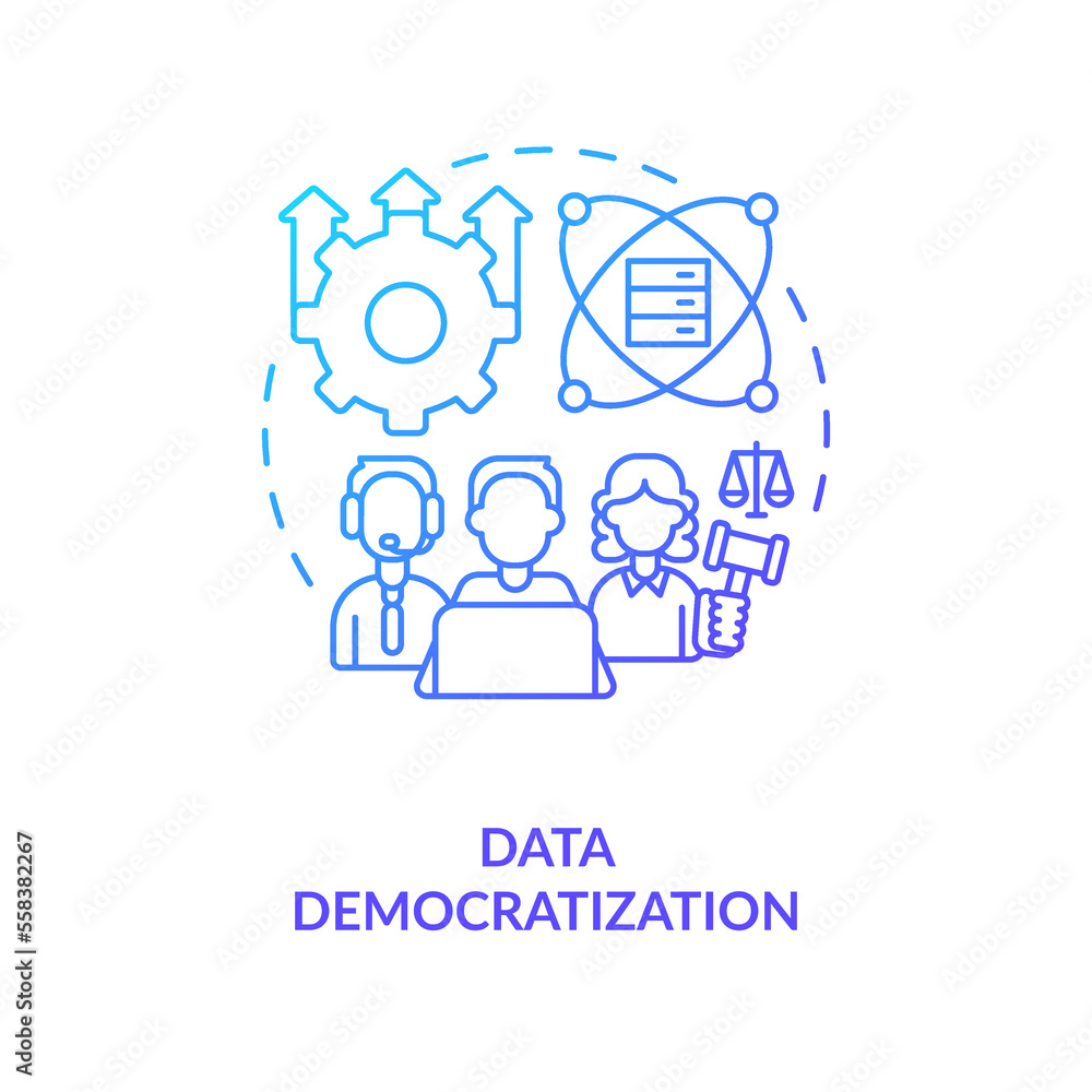 Democratization blue gradient concept icon. Business digitization process. Data science trend abstract idea thin line illustration. Isolated outline drawing. Myriad Pro-Bold font used Democratization blue gradient concept icon. Business digitization process. Data science trend abstract idea thin line illustration. Isolated outline drawing. Myriad Pro-Bold font used