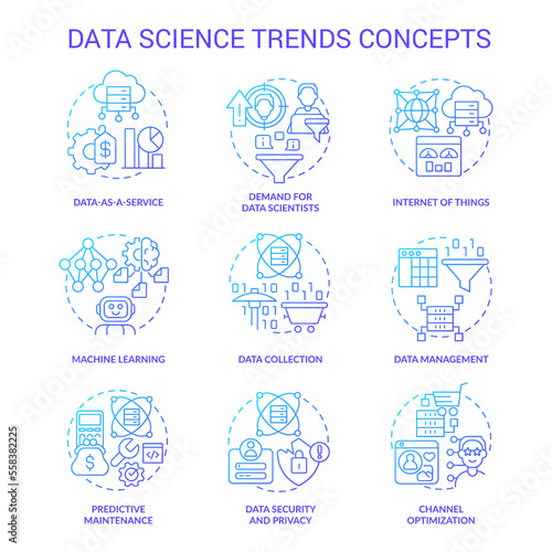 Data science trends blue gradient concept icons set. Technology development analytics idea thin line color illustrations. Isolated symbols. Roboto-Medium, Myriad Pro-Bold fonts used