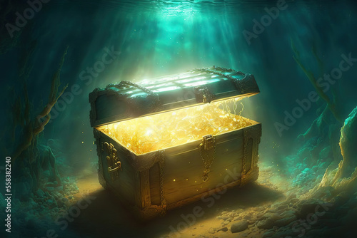 A wooden treasure chest is opening with golden shining lighting, it placed on seabed in the depth of the ocean. Generative Ai image.