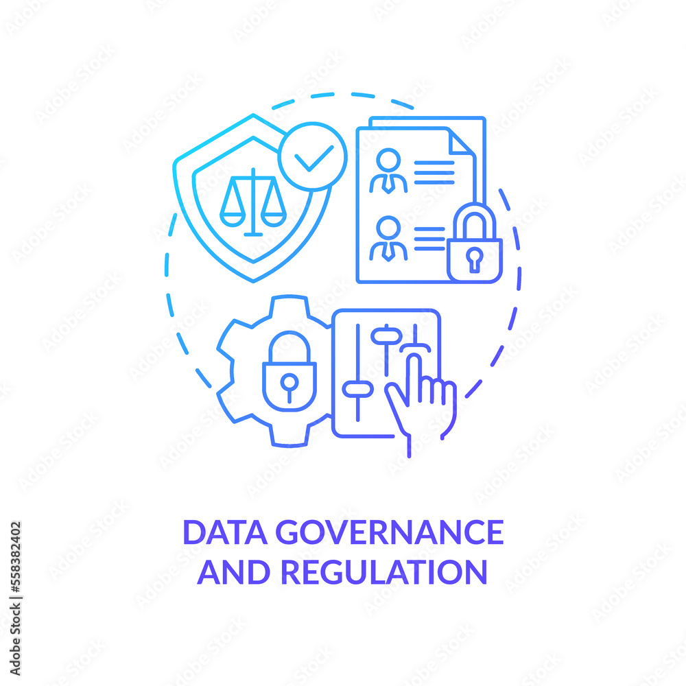 Data governance and regulation blue gradient concept icon. Customer safety. Digital technology trend abstract idea thin line illustration. Isolated outline drawing. Myriad Pro-Bold font used Data governance and regulation blue gradient concept icon. Customer safety. Digital technology trend abstract idea thin line illustration. Isolated outline drawing. Myriad Pro-Bold font used