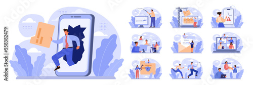 Data theft concept set. Cyber attack, hacker stealing personal data