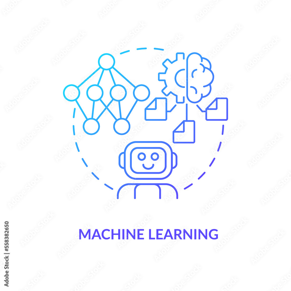 Machine learning blue gradient concept icon. Automatic algorithm integration. Data science technology abstract idea thin line illustration. Isolated outline drawing. Myriad Pro-Bold font used Machine learning blue gradient concept icon. Automatic algorithm integration. Data science technology abstract idea thin line illustration. Isolated outline drawing. Myriad Pro-Bold font used