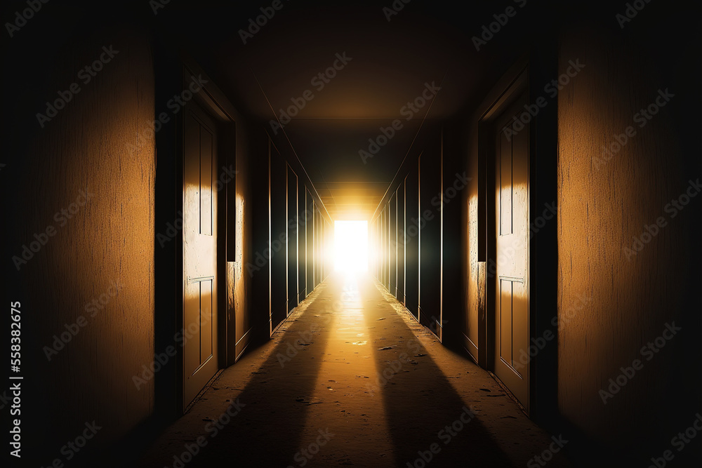 A dark horror narrow straight hallway inside the building with sun lighting at the center, hope or fearless concept scene. Generative Ai image.