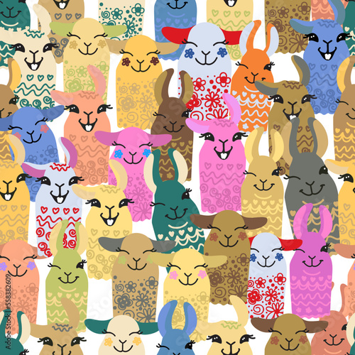 Llama, alpaca, cactuses and leaves seamless pattern, background