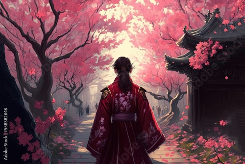 illustration beautiful wallpaper atmosphere, beautiful plum or cherry blossom tunnel