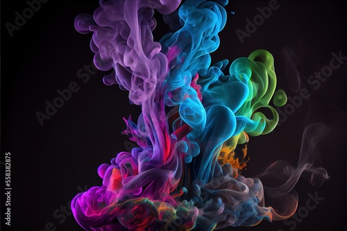 Multicolored liquid smoke - blue, green, purple on a black background. Generative AI technology