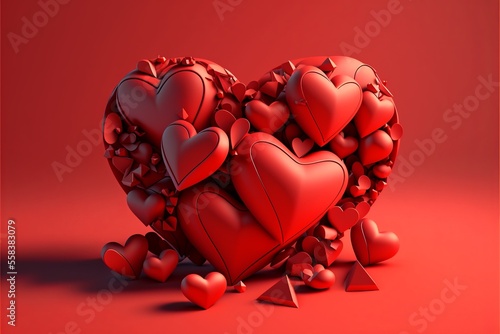 Muitos corações vermelhos, 3D , fundo vermelho, dia dos namorados. AI photo