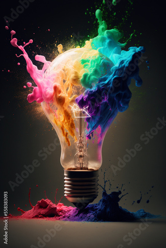 Lightbulb exploding in full color. New idea and creativity concept. Generative Ai. 