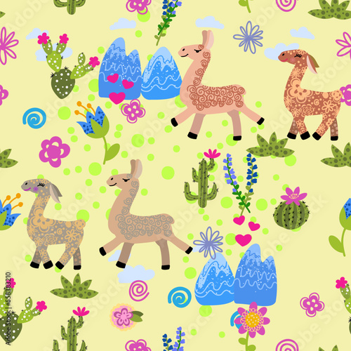 Llama, alpaca, cactuses and leaves seamless pattern, background