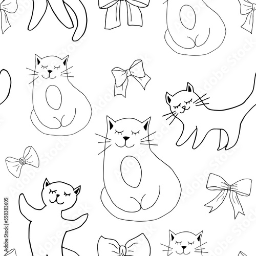 seamless black and white vector pattern of cute cats with bows