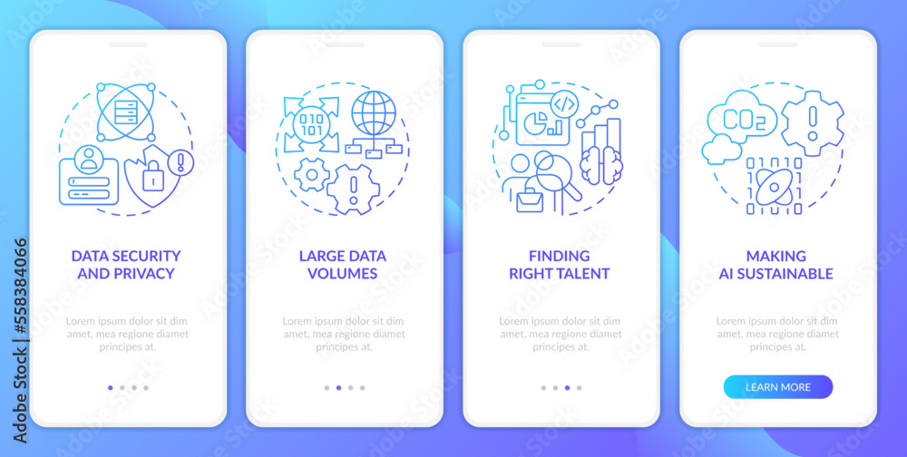 Data science challenges blue gradient onboarding mobile app screen. Development walkthrough 4 steps graphic instructions with linear concepts. UI, UX, GUI template. Myriad Pro-Bold, Regular fonts used