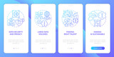 Data science challenges blue gradient onboarding mobile app screen. Development walkthrough 4 steps graphic instructions with linear concepts. UI, UX, GUI template. Myriad Pro-Bold, Regular fonts used
