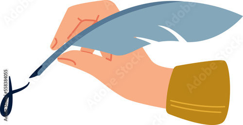 Hand with quill flat icon Writing symbol