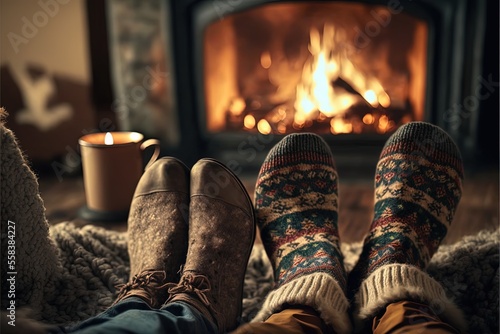 Fototapeta illustration of feet wearing traditional pattern sock with fireplace as backgrou