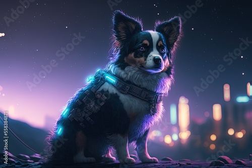 illustration of cute puppy sitting on high place with cityscape as background, futuristic theme 