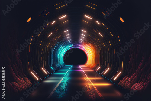 Futuristic sci-fi illuminated neon glowing tunnel. Generative ai