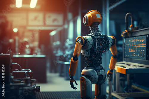 Humanoid robot working and manufacturing in an engineering business factory or in a science lab, computer Generative AI stock illustration image