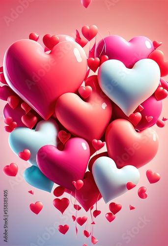 Happy Valentines Day card with heart shaped balloons. Ai Generative