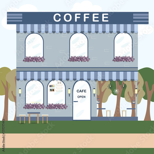 Modern cafe shop exterior, street cafe outdoor terrace flat design, coffee shop.vector illustration.