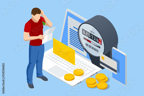 Isometric invoice and electricity meter. Utility bills payment. Electricity consumption expenses. Man paying utility, and electricity bills online
