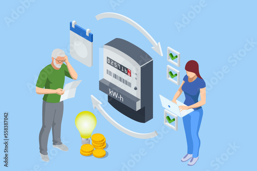 Isometric invoice and electricity meter. Utility bills payment. Electricity consumption expenses. People paying utility, and electricity bills online