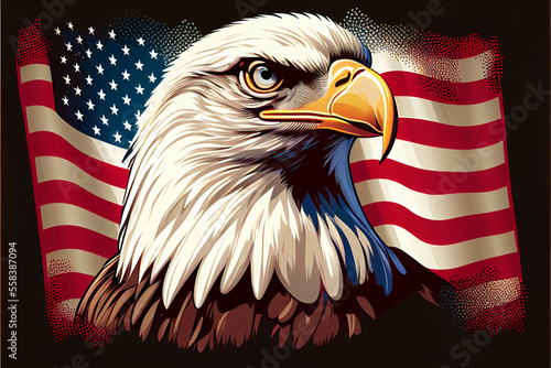 Proud american eagle on american flag background. AI generated