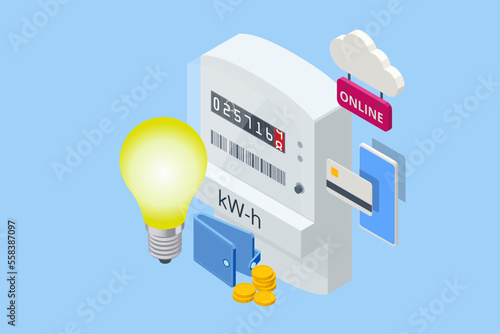 Isometric invoice and electricity meter. Utility bills payment. Electricity consumption expenses. People paying utility, and electricity bills online