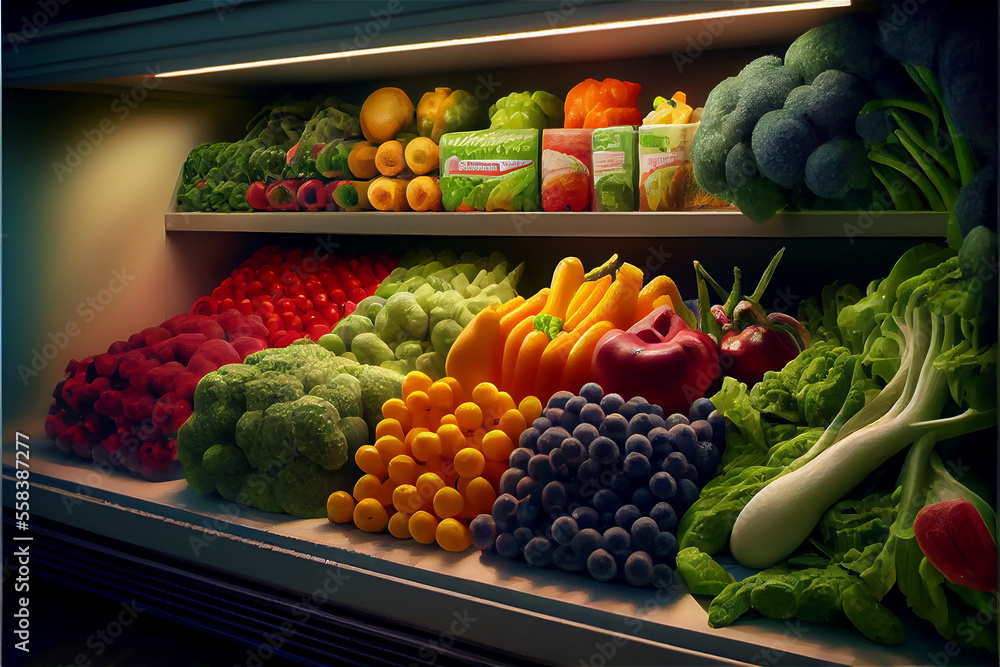Fresh and colorful Fruit and vegetable section of the supermarket, generative AI