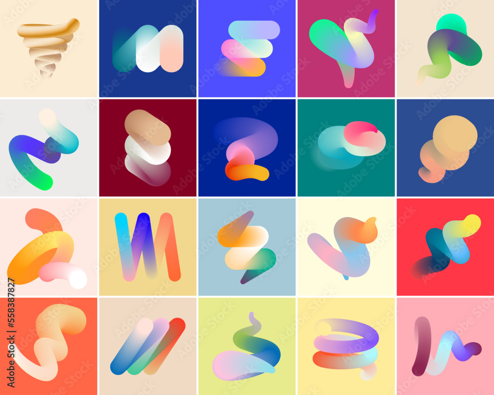 Set 3d abstract colorful twisted liquid shapes. Creative design elements. Vector modern gradient shapes elements for banner, background, poster
