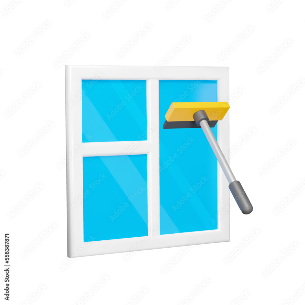Window washing 3d icon. The window cleaning mop washes the window. Isolated object on a transparent background Window washing 3d icon. The window cleaning mop washes the window. Isolated object on a transparent background