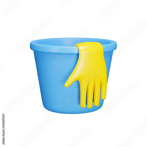 Bucket and glove 3d icon. Washing the floors. Cleaning. Isolated object on a transparent background