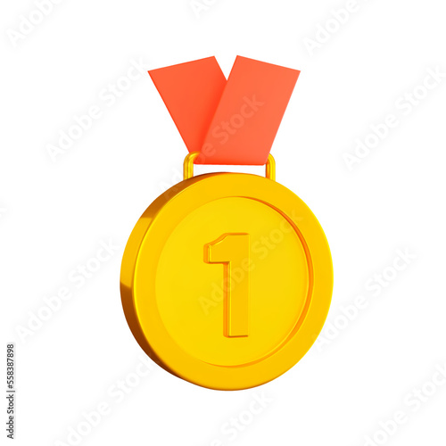 Medal with number 1 and red ribbon 3d icon. Isolated object on a transparent background