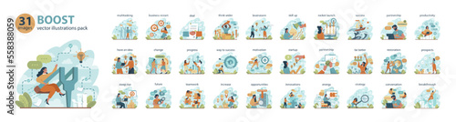 Boost big set. Business growth or improvement concepts collection.