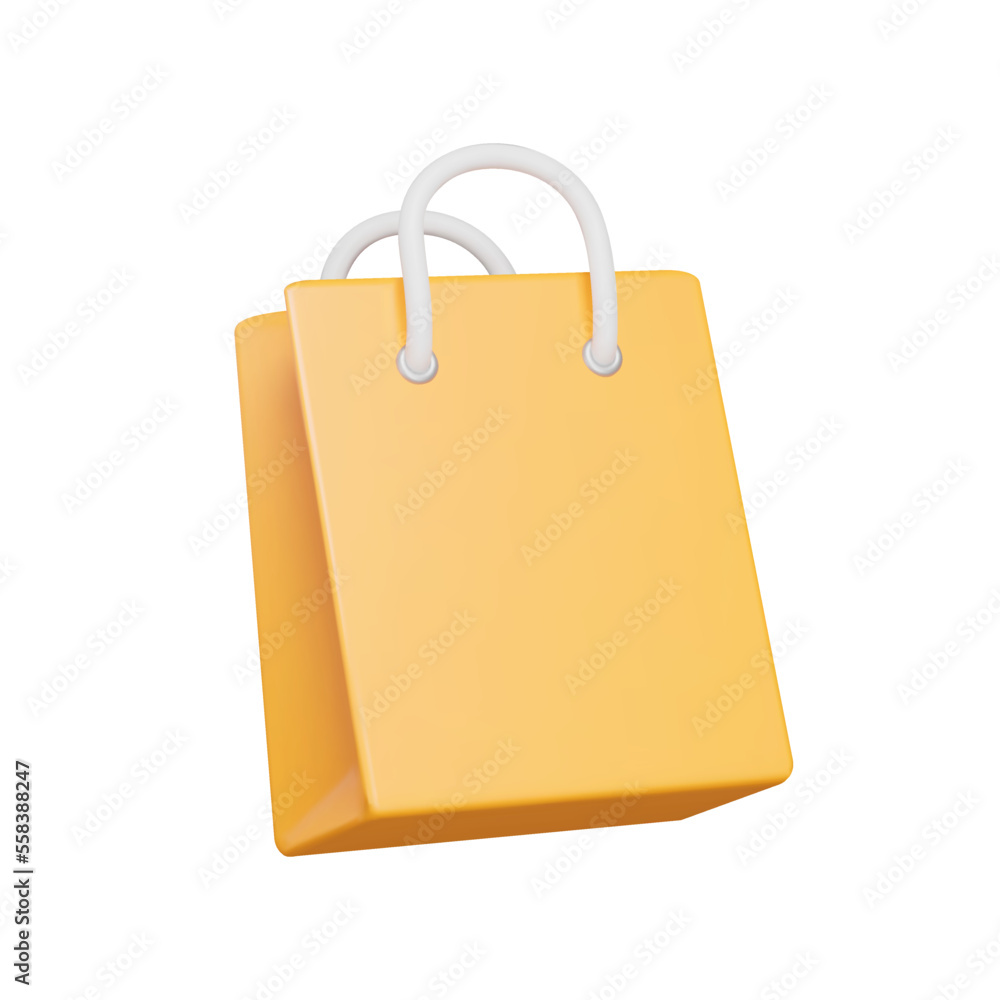 Shopping bag 3d icon. Yellow shopping bag with fabric handles. Isolated object on a transparent background Shopping bag 3d icon. Yellow shopping bag with fabric handles. Isolated object on a transparent background