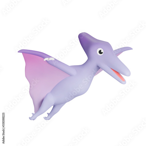Pterosaur 3d icon. Dinosaur with wings. Cute cartoon-style character. Isolated object on a transparent background