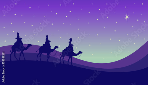 Tarjeta de felicitación de Reyes Magos. Tres reyes siguiendo la estrella.  Three Wise Men greeting card. Three kings following the star.   © Pilar Arias Grení