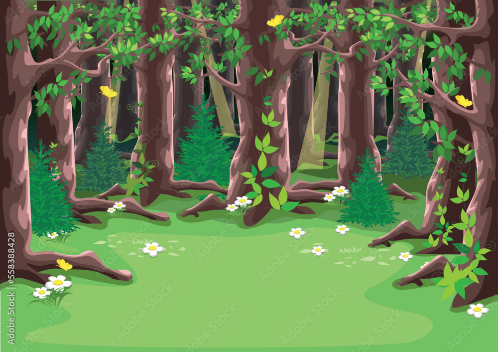 Fairy tale forest glade with big trees, blooming flowers and yellow butterflies in cartoon style. Vector illustration of a fairy tale nature.