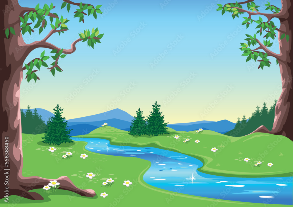 Fairytale forest with trees, flowering meadow, river and blue sky in cartoon style. The beauty of nature. Vector illustration of a beautiful landscape.