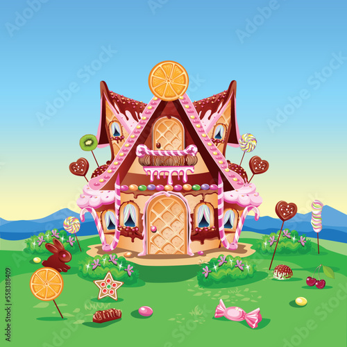 Sweet house with chocolate, waffles and cookies, decorated with sweets in candy land. Fairy tale background with gingerbread house in cartoon style vector illustration.