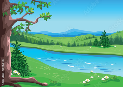 Fototapeta Naklejka Na Ścianę i Meble -  Fairytale forest with trees, flowering meadow, river and blue sky in cartoon style. The beauty of nature. Vector illustration of a beautiful landscape.