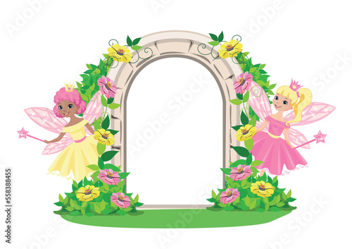 Fairy tale frame with two beautiful little fairies and princesses. Cute fairies with magic wands. Wonderland and dreamland. Vector illustration.