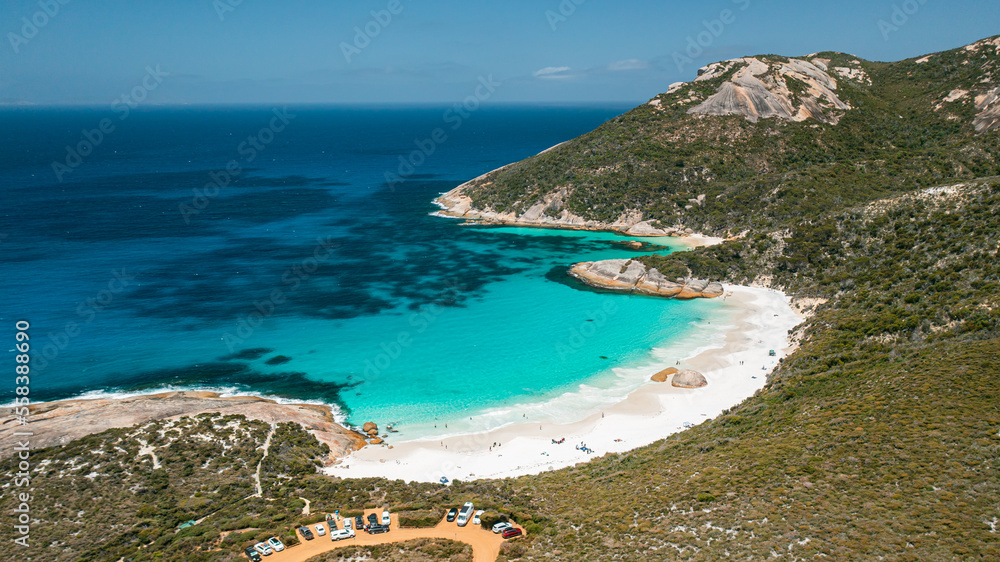 Aerial shot of turquoise colour water, little beach, and car park in Two Peoples Bay, Albany, Western Australia