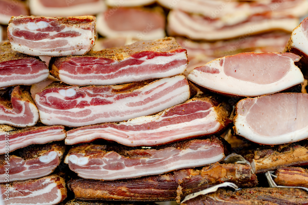Selection of assorted home made meats, jerky and sausages on a farmers market in Vilnius, Lithuania Selection of assorted home made meats, jerky and sausages on a farmers market in Vilnius, Lithuania