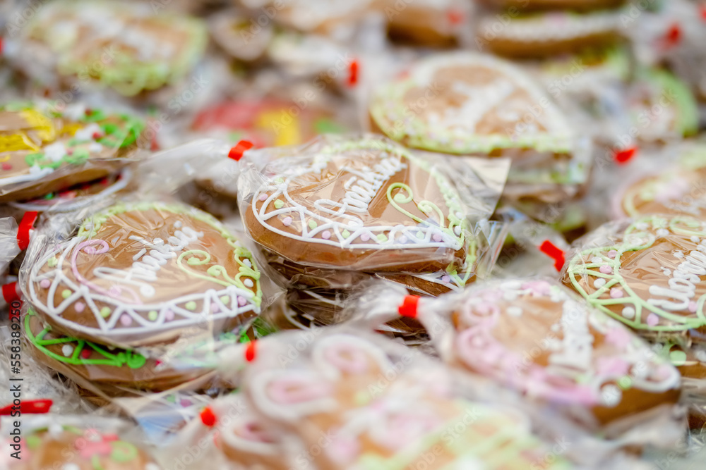Colorful home made gingerbread cookies sold in annual traditional crafts fair in Vilnius, Lithuania