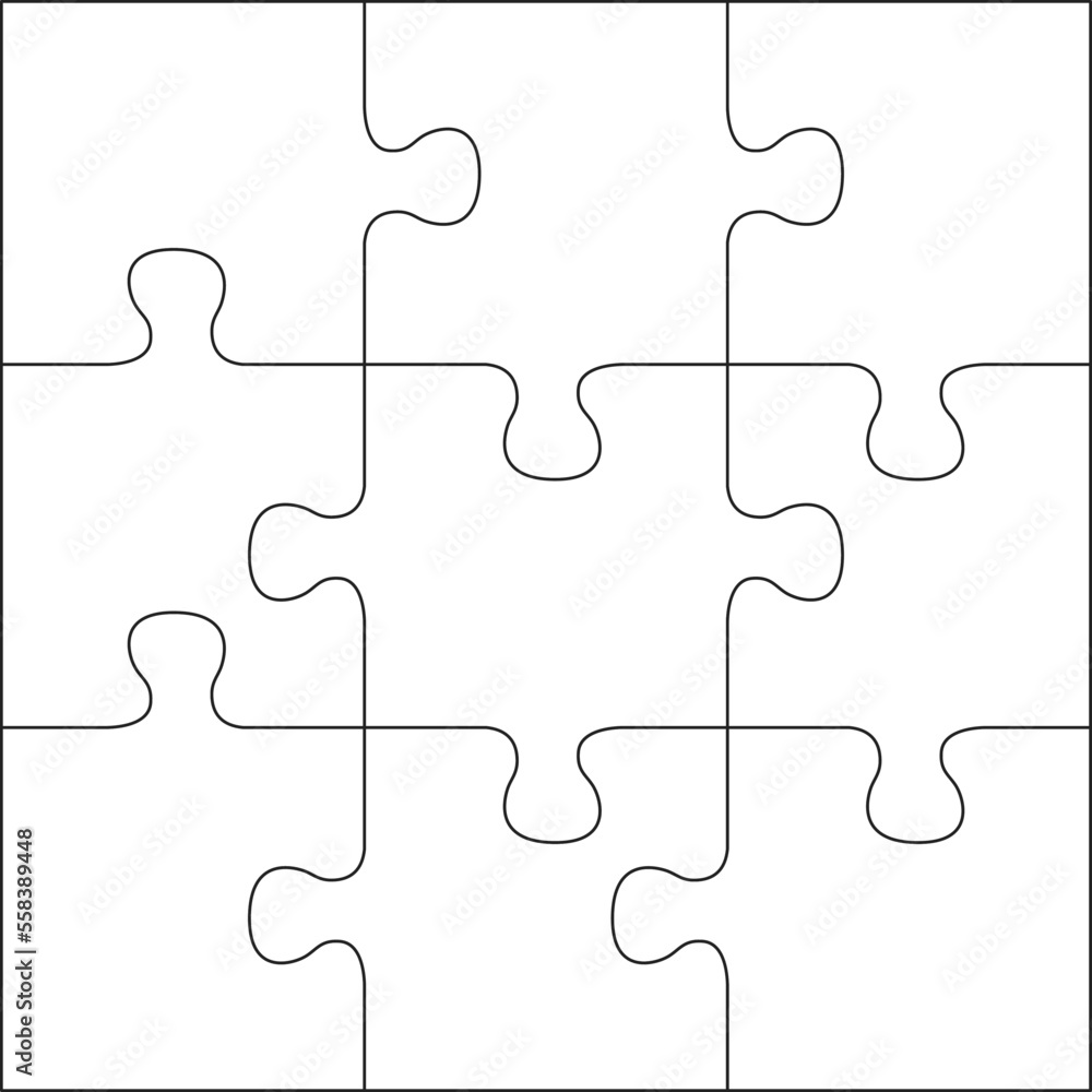 Vecteur Stock Puzzles grid template. Jigsaw puzzle 9 pieces, thinking game  and 3x3 jigsaws detail frame design. Business assemble metaphor or puzzles  game challenge vector illustration. EPS 10. | Adobe Stock
