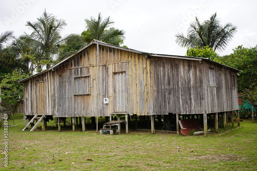 Wooden houses built on high stilts called in Portuguese palafitas, Manaus Amazonia, Brazil