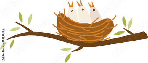 Tree branch with bird nest with chicks inside flat icon