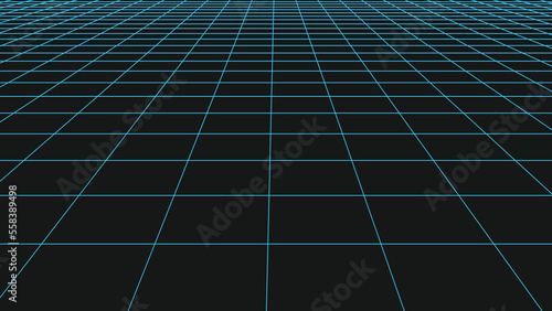 Perspective grid vector. 3D floor space  detailed blue lines on black background. Pattern design  line texture  interior template. EPS 10.