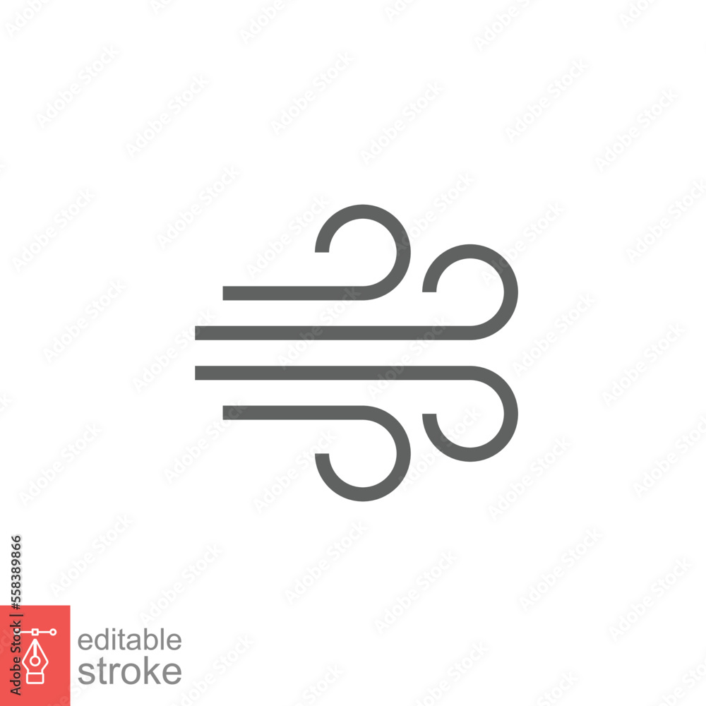 Wind icon. Simple outline style. Air blow, windy, ocean cloud, wind speed, meteorology concept. Thin line symbol. Vector illustration design isolated on white background. Editable stroke EPS 10. Wind icon. Simple outline style. Air blow, windy, ocean cloud, wind speed, meteorology concept. Thin line symbol. Vector illustration design isolated on white background. Editable stroke EPS 10.