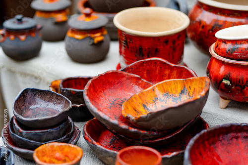 Ceramic dishes, tableware and jugs sold on Easter market in Vilnius